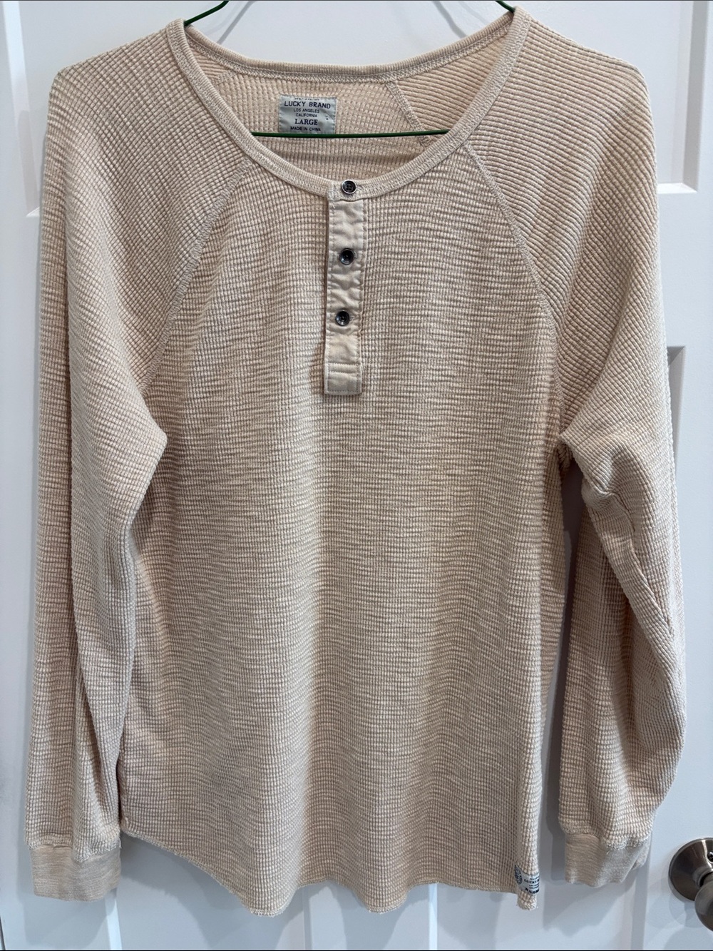 Lucky Brand Men's Beige Waffle Knit Henley Crewneck Sweater